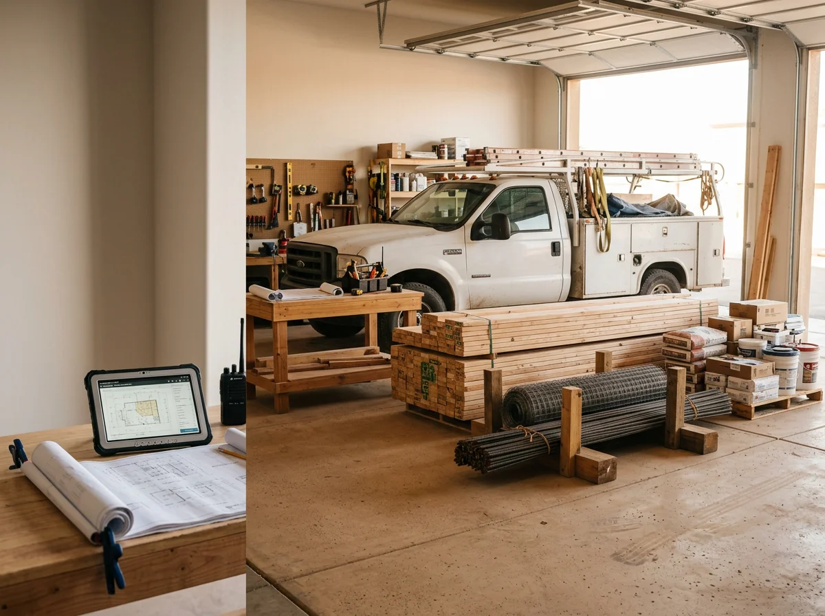 Construction site or finished project showcasing residential remodeling work, tools, and building materials.