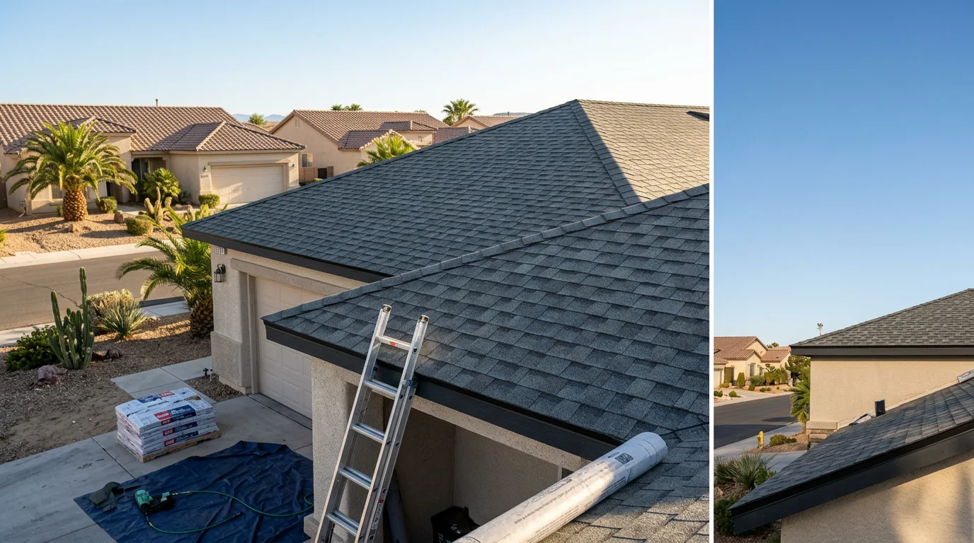 Roofing contractor installing new roof on residential home in Las Vegas