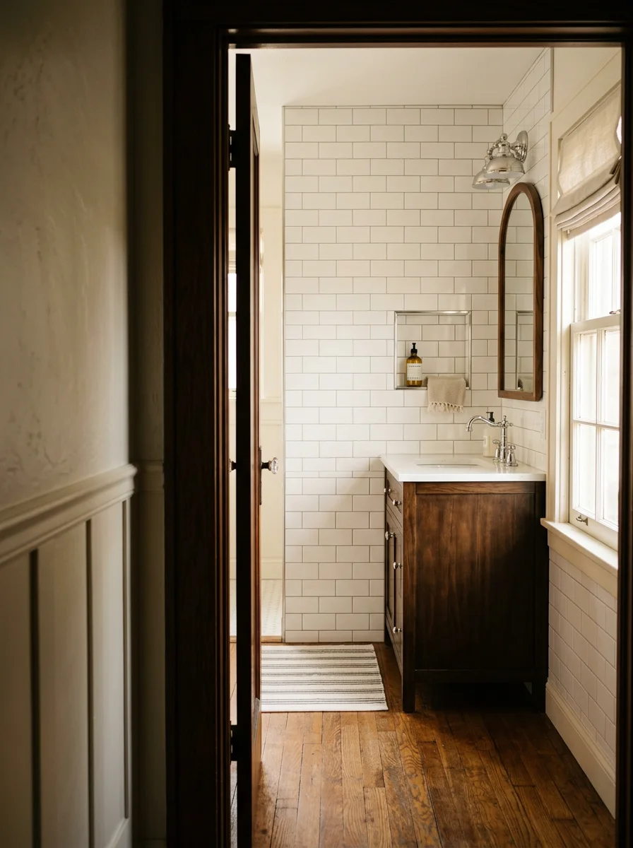 Interior of a remodeled bathroom in a Boulder City historic home, showing new subway tile walls, updated fixtures, and refinished original wood flooring in the adjacent hallway.