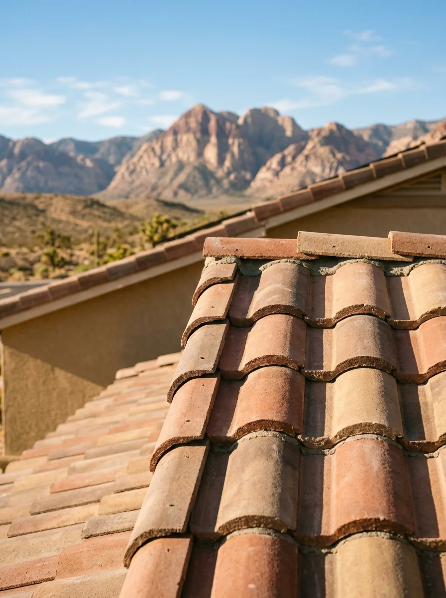 Close-up portrait of a newly installed concrete tile roof on a Clark County Nevada home, with desert mountains visible in the background.