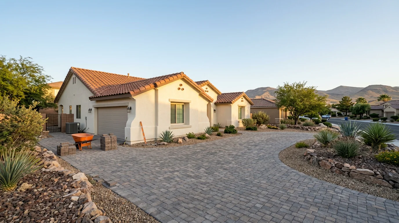 Wide-angle view of a stucco and tile-roof home in a Clark County Nevada desert subdivision, showing a freshly renovated exterior with new paint and a paver driveway.