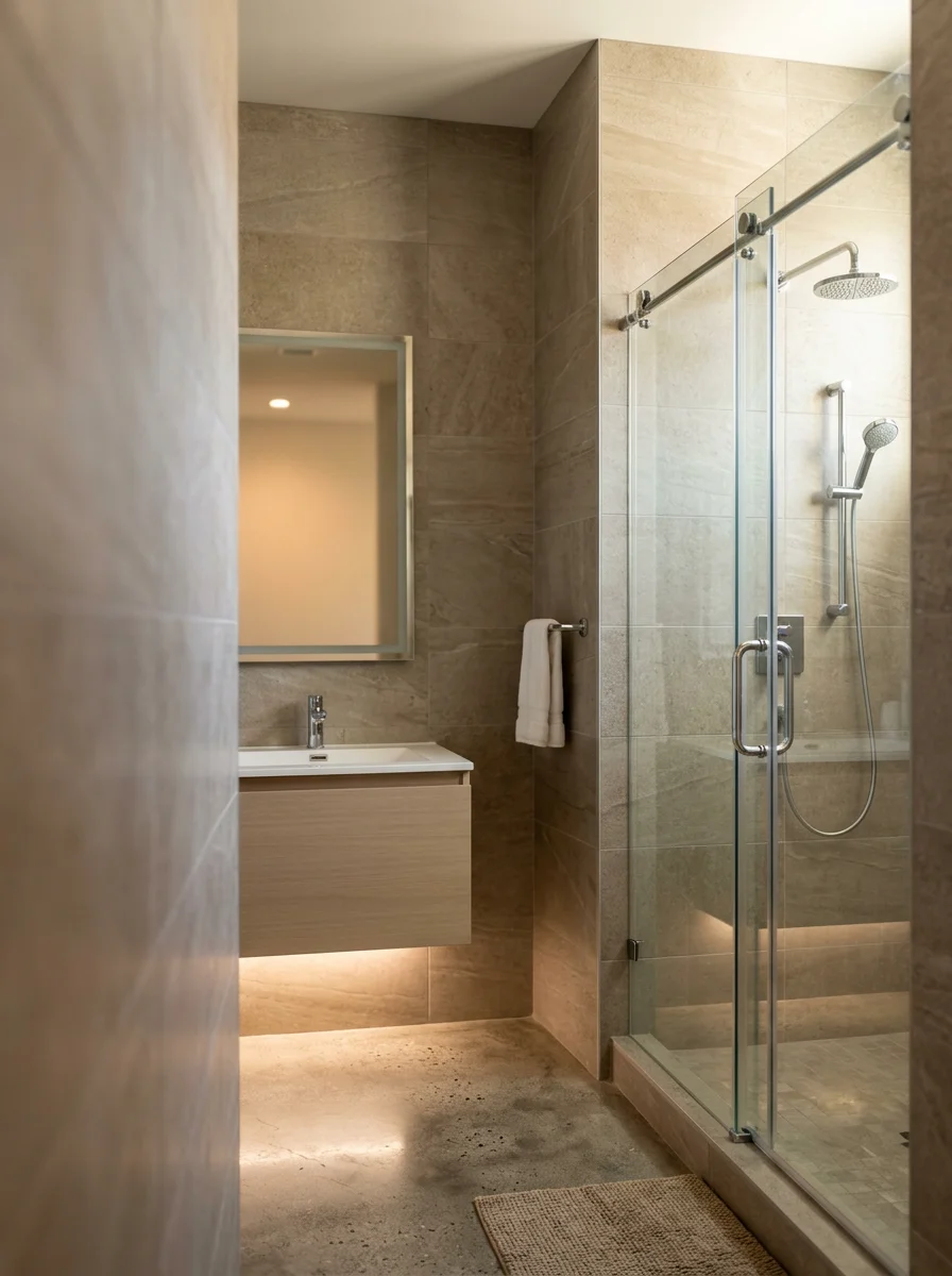 Interior view of a completed bathroom remodel in a Las Vegas home, showing large-format tile walls, a frameless shower, and modern fixtures.