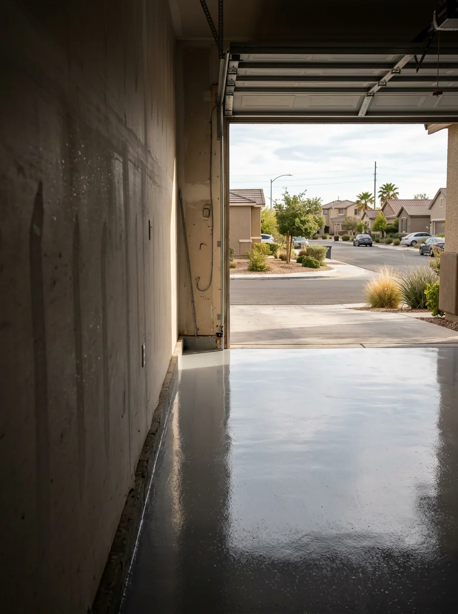 Freshly installed epoxy floor in a North Las Vegas garage, showing a high-gloss gray finish with the garage door open to a desert residential street.
