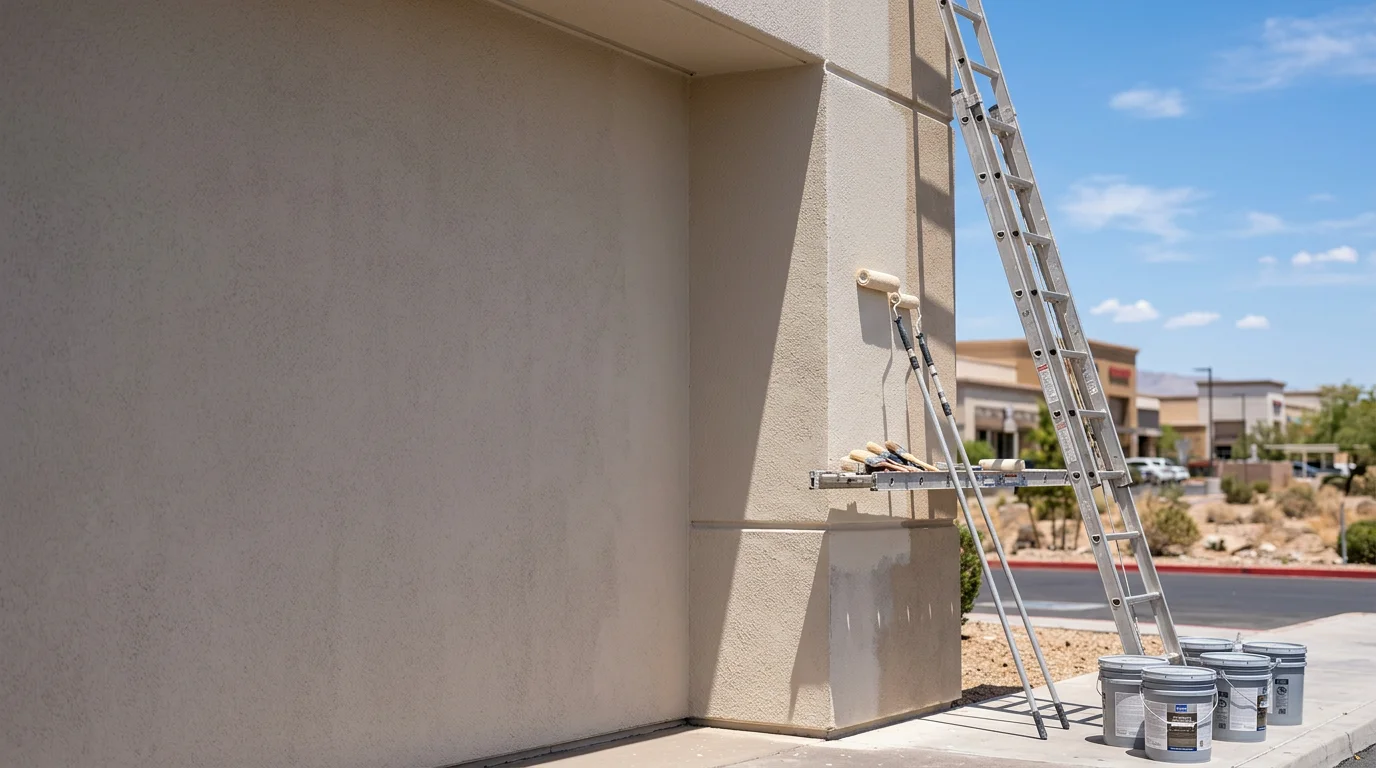 A freshly painted commercial building exterior in Clark County, Nevada, showing clean stucco surfaces and sharp trim lines under bright desert sunlight. The property reflects a professional finish suited to the Las Vegas Valley's intense UV and heat conditions.