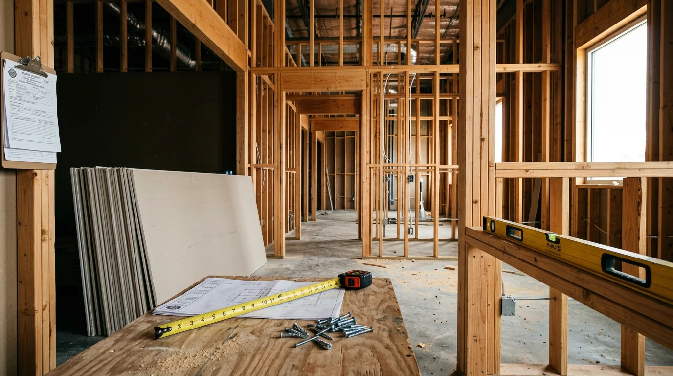 A finished commercial tenant improvement buildout in Clark County, Nevada, showing a newly framed and painted interior with updated lighting, flooring, and a clean open floor plan ready for business occupancy. Simmons General Construction LLC completed the full scope from demolition through final finishes.
