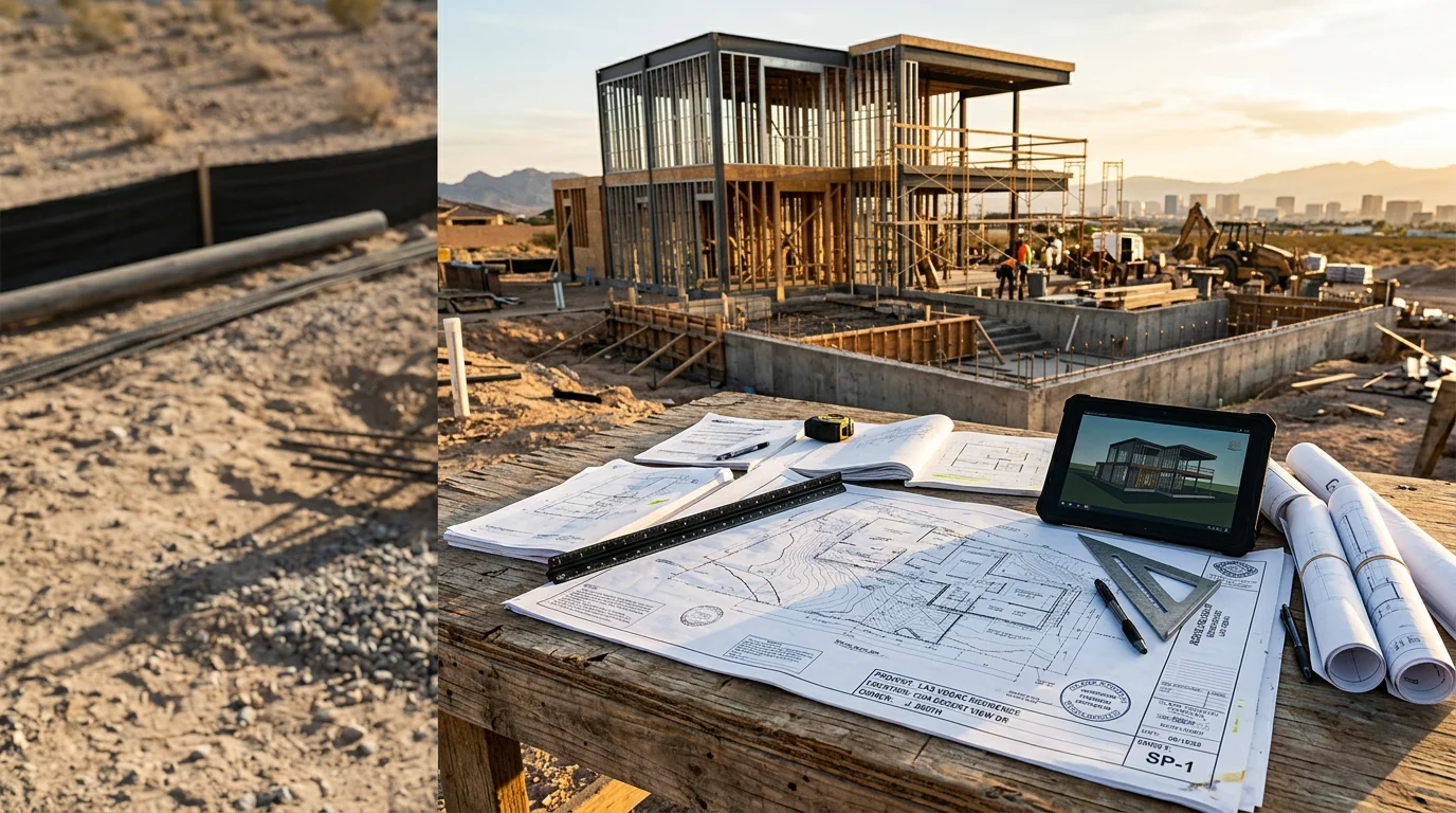 A residential construction project in Clark County, Nevada showing a home in the framing stage with desert terrain visible in the background. The image represents the design-build process managed by Simmons General Construction from initial plans through completed structure.