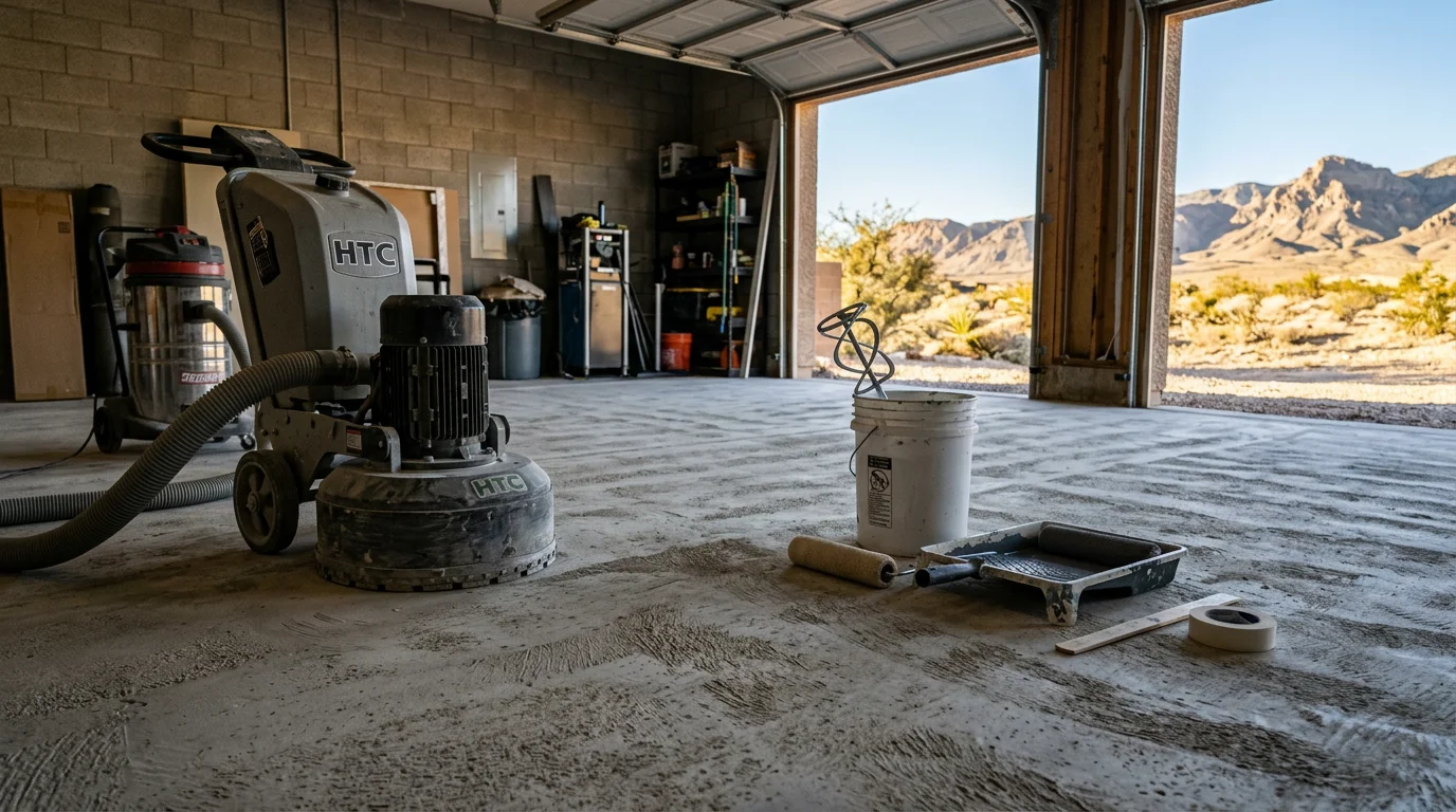 Freshly installed epoxy floor coating on a residential garage slab in Clark County, Nevada, showing a smooth, glossy surface free of cracks and stains. The sealed concrete reflects overhead lighting in a clean, finished garage space.