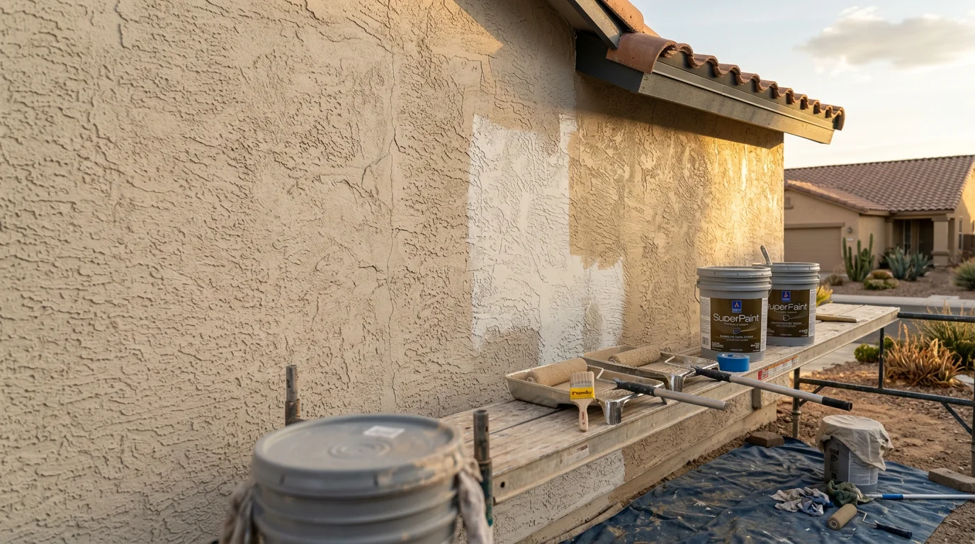 A freshly painted single-story stucco home in Clark County, Nevada with clean trim lines and a desert-toned exterior finish. The home shows no visible cracking or fading, set against a clear Las Vegas sky.