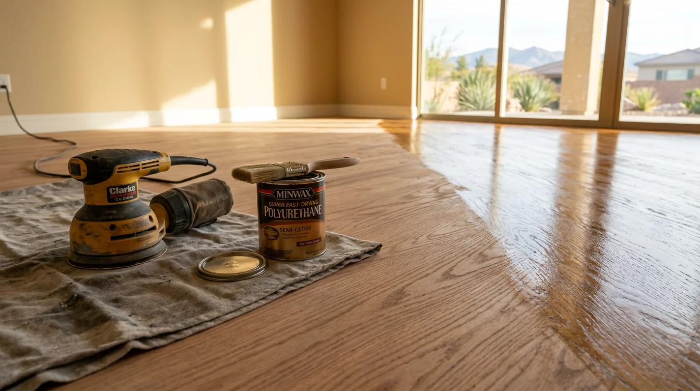 A freshly finished hardwood floor inside a residential home in Clark County, Nevada, showing an even stain tone and a smooth sealed surface. The floor reflects natural light and shows no visible scratches or wear marks after professional sanding and sealing.