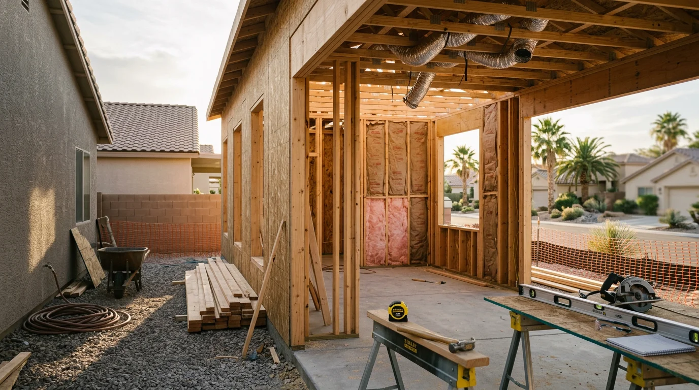 A newly completed single-story home addition in a Clark County, Nevada residential neighborhood, showing a stucco exterior that matches the original home and a clean roofline under a clear desert sky. The expanded square footage extends from the rear of the Las Vegas area home, with a finished exterior ready for occupancy.