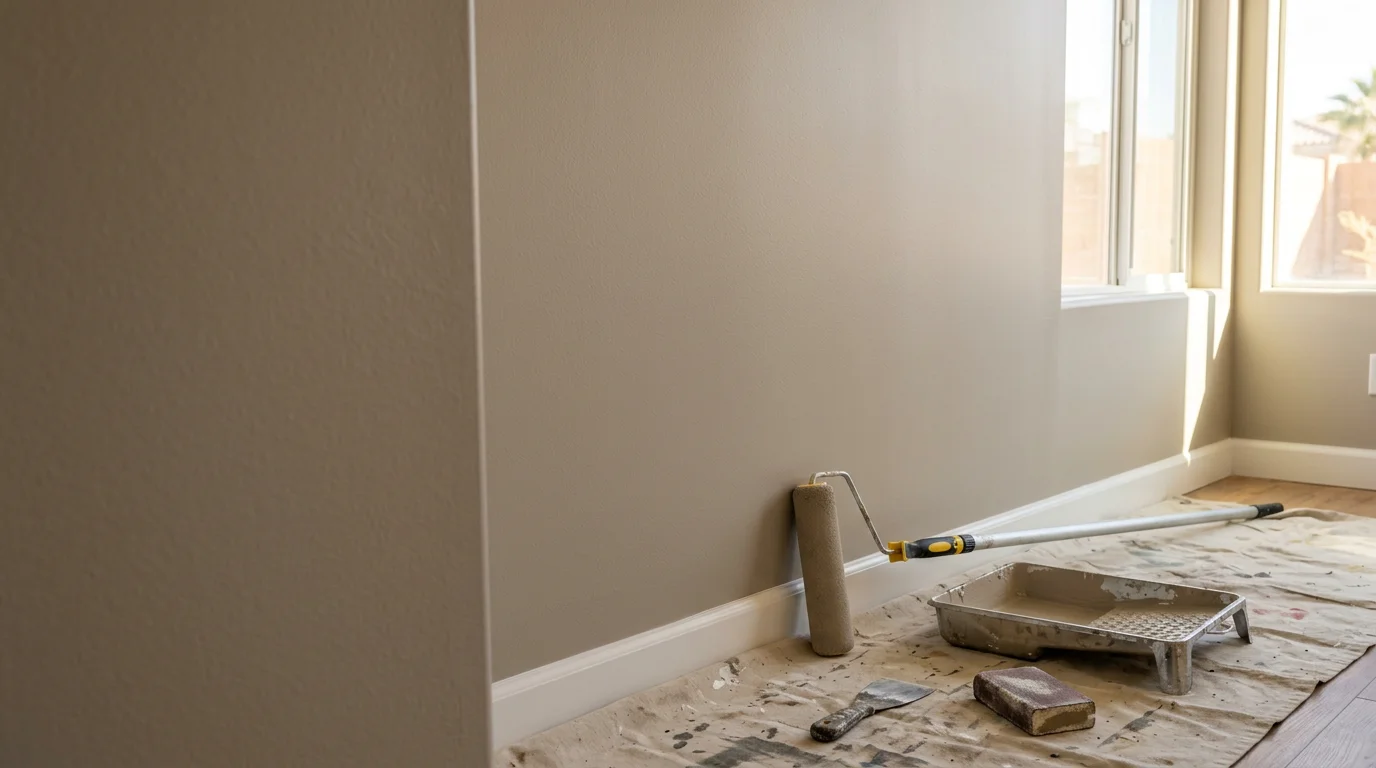 Interior of a Las Vegas area home with freshly painted walls in a neutral tone, showing clean edges along white trim and a bright, evenly coated surface. The room reflects the open layout common in Clark County residential construction.