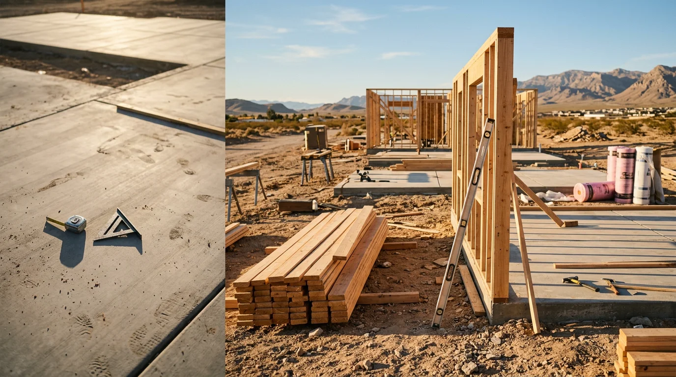 A newly constructed single-family home in Clark County Nevada with a stucco exterior and tile roof suited to the desert climate. The home sits on a finished lot in the Las Vegas valley under clear desert skies.