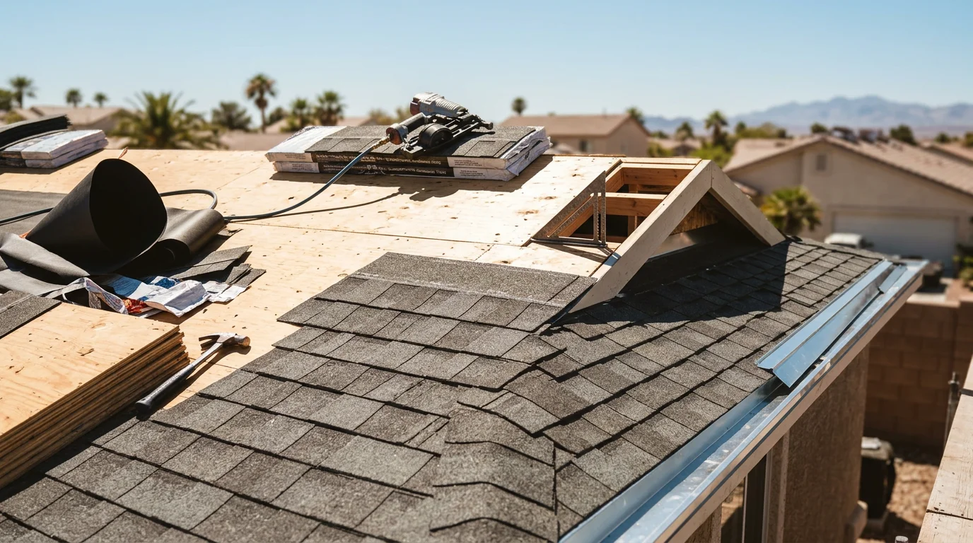A completed residential roof installation on a single-story home in Clark County, Nevada, showing a full new roof covering with clean ridge lines and finished edge flashing under a clear desert sky.