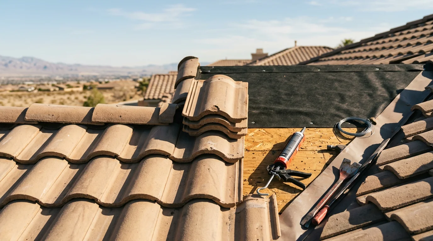 A roofing contractor repairing cracked tile and flashing on a residential roof in Clark County, Nevada, with a desert landscape visible in the background. Close-up view shows the repaired section with fresh sealant applied around a roof vent.