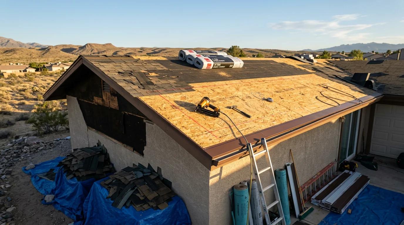 A newly completed roof replacement on a single-story stucco home in Clark County, Nevada, showing fresh roofing material installed across the full surface under a clear desert sky. The finished roof covers the entire structure with clean lines and no visible wear or patching.
