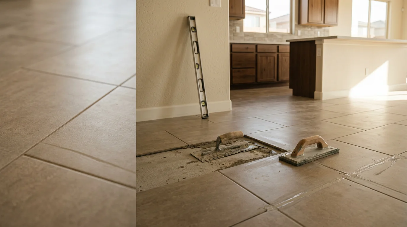 Freshly installed tile flooring in a Las Vegas, Nevada home showing clean grout lines and a smooth, level surface across an open living area. Clark County residential tile flooring installation by Simmons General Construction LLC.