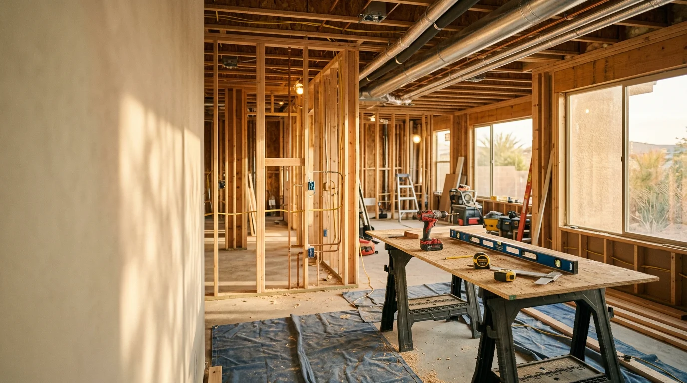 Renovated open-concept living space inside a Clark County, Nevada home showing updated flooring, modern kitchen finishes, and fresh interior paint. The remodel reflects a complete whole home transformation suited to the Las Vegas desert environment.