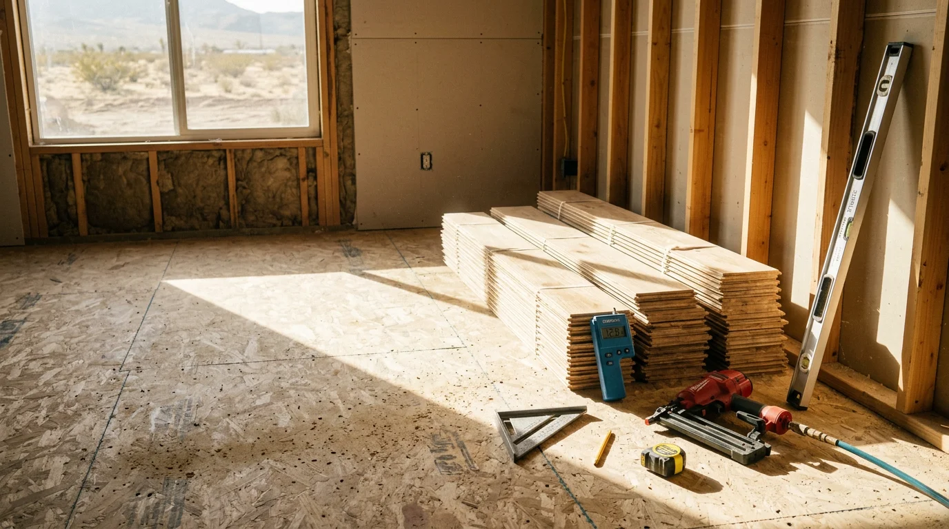 Freshly installed wood flooring in a Las Vegas area home, showing warm-toned planks running through an open living area with natural light from a large window. The floor transitions cleanly into an adjacent hallway in a Clark County residential interior.